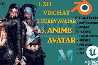 make a custom vrchat avatar 3d avatar, furry avatar, anime avatar and vrc avatar