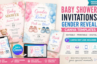 design baby shower invitation gender reveal canva template editable cards