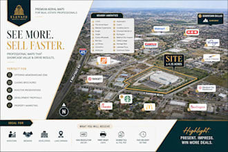 create commercial real estate aerial map with site arrow, and logo, google maps