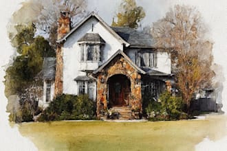 create a custom watercolor home, house illustration