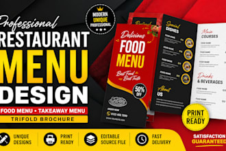 design restaurant menu, food menu, takeaway menu, trifold brochure