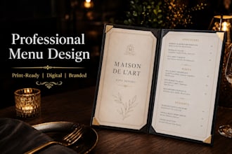 design a professional restaurant menu for print and digital, food menu, menu