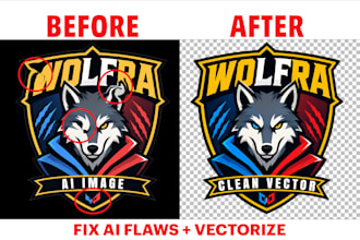 fix ai image flaws, redraw ai artwork and convert to print ready vector