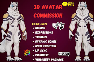 create custom 3d furry vtuber model, nsfw vrc avatar, 3d vrchat avatar, animaze