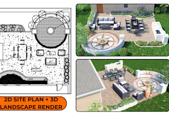 design 2d landscape plan, 3d rendering, site floor plan, garden layout and patio