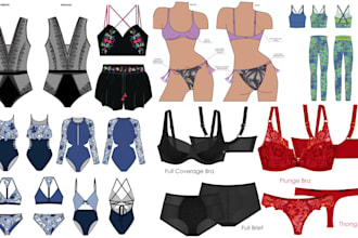 design lingerie, swimwear, swim shorts, and bikini with tech pack and cad flats