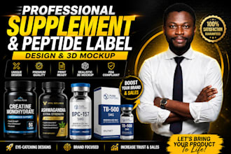 design supplement label, product label, peptide label and 3d mockup