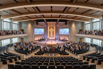 design mega christian church interior, worship auditorium, seating layout
