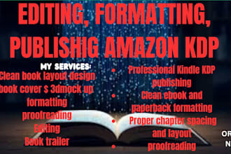 publish book on amazon kindle kdp, editing, formatting, proofreading, 3d mock up