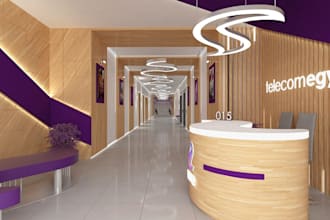 design modern office lobby, reception interior, revit rendering, coworking space