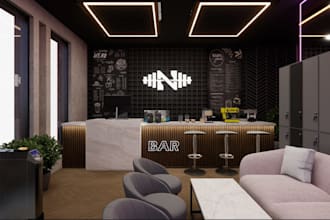 reimaging gym bar lounge, workout studio cgi, premium rendering, cad gym drawing