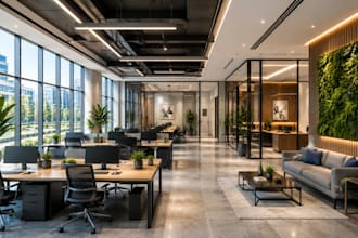 render office lobby coworking workspace facade cgi design