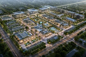 create urban masterplan commercial plaza aerial rendering