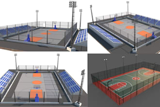 create photorealistic 3d basketball, padel, pickleball and tennis court design