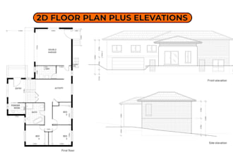 design house plan, floor plan, elevation, section, roof plan and site plan