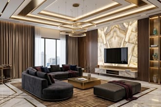 do modern 3d interior design, make rendering for livingroom, bathroom, kitchen