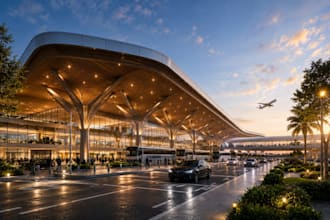create airport hotel transport hub facade cgi rendering