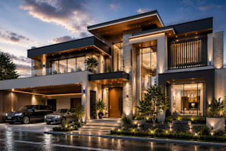 create photorealistic modern house facade exterior rendering