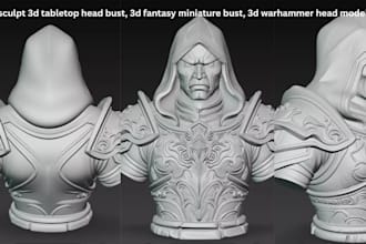 sculpt 3d tabletop head bust, 3d fantasy miniature bust, 3d warhammer head model