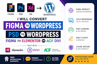 convert figma to wordpress, PSD to wordpress, figma to elementor or acf, divi