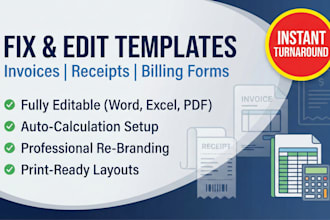 professionally create and editable fillable invoice, receipt, billing templates