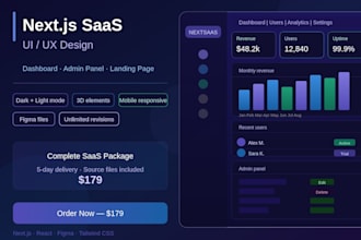 design a full saas UI UX in nextjs with dashboard, admin panel and landing page