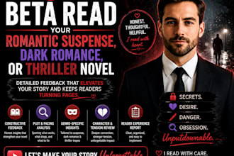beta read your romantic suspense, dark romance, or thriller novel