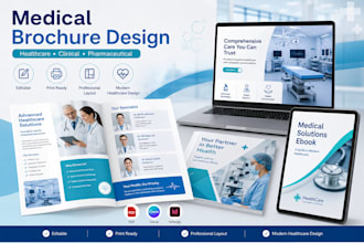 design editable medical brochure, healthcare catalog and clinical flyer design