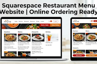 create modern squarespace restaurant menu website, menu page, online booking