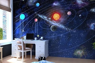 design a galaxy pop space mural wallpaper for kids room and school