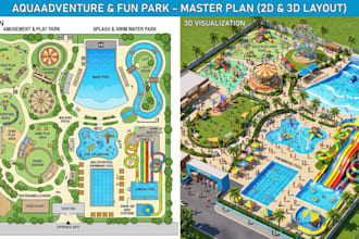 design amusement kids play park, swimming pools, water park, 2d 3d plan