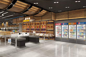 design 3d supermarket design, retail store interior, grocery store 3d rendering