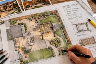 design backyard landscape layout, patio, fence and pergola plans in california
