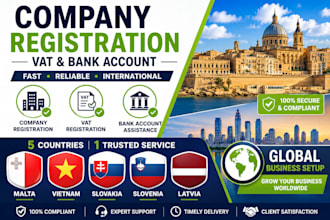 do company registration,vat and bank account for malta,vietnam,slovakia,slovenia