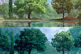 add leaves to trees, add basic landscape, add full