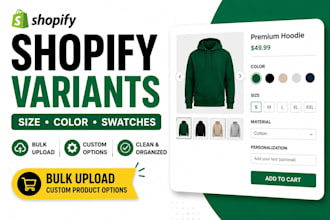 setup shopify product variants and custom product options