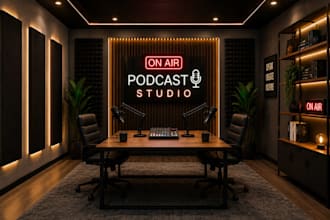 design podcast studio, youtube room and acoustic setup in 3d