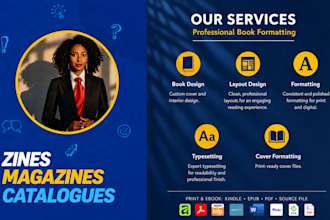 design an artistic layout for zine vents magazine catalog KDP ebook drivethrurpg