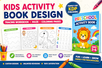design preschool kids activity book, tracing workbook maze and coloring pages