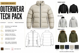 design ski puffer bomber jacket tech pack flat  sketch for manufacturing