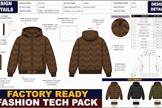 design ski puffer and bomber jacket tech pack flat sketches for manufacturing