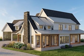 model 3d farmhouse to modern exterior design, duplex render, landscape garden