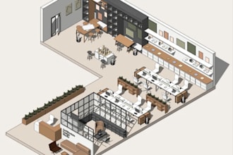 design architectural office work floor, revit 3d modeling,interior studio layout