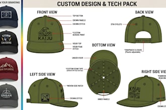 design premium production ready cap tech packs for fashion and streetwear brands