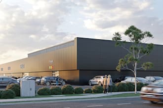 renovate warehouse 3d exterior, interior realistic renders, factory, industrial