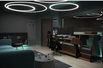 create custom 3d music studio podcast studio talk show studio, realistic renders