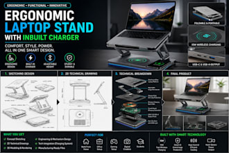 design premium ergonomic laptop stand product design with inbuilt charger