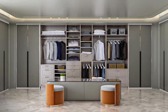 design 3d walk in closet, wardrobe room, dressing room interior, and rendering