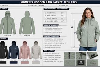 create tech pack for women outdoor, waterproof golf, seam jacket for production