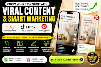 provide etsy marketing pinterest SEO, tiktok content, shop promotion, growth